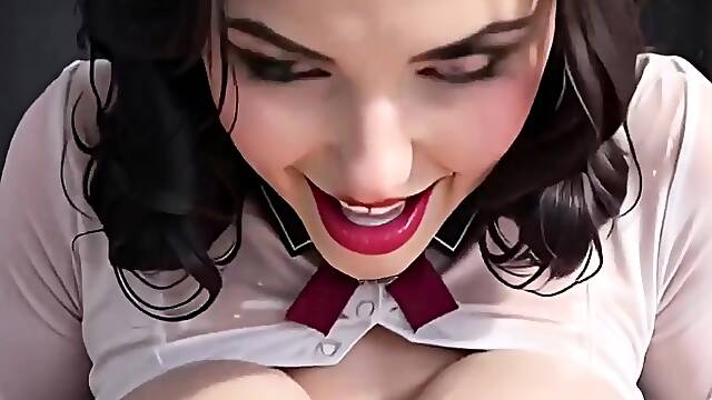 Brunette schoolgirl titfucks cock wet, blondes dildo suck