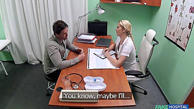 Blonde doctor turns around to be fucked by her handsome patient