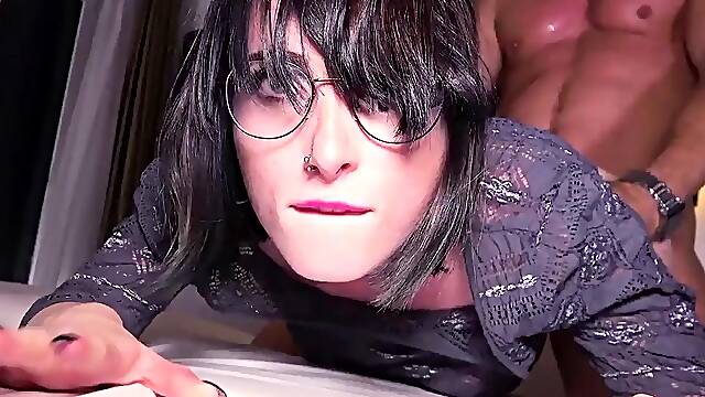 Cute babe in glasses hard doggystyled