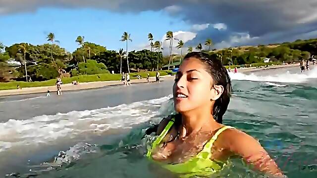 Latin brunette in a neon bikini, Sophia Leone likes to play with cock in the car
