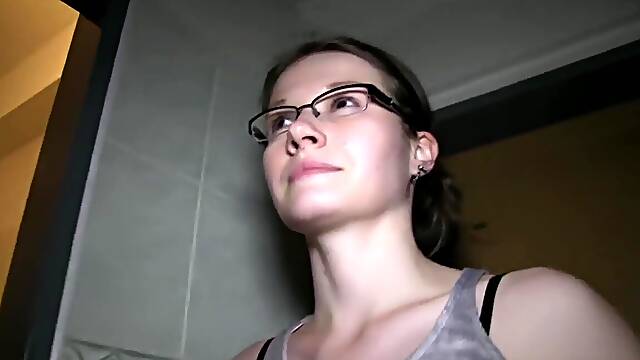 Hot Glasses Babe Fucks In Public Bathroom