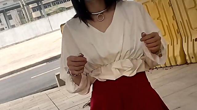 Babapapa85]Crossdresser dressed in tights and cangue takes off her undies ambles on the sidewalk