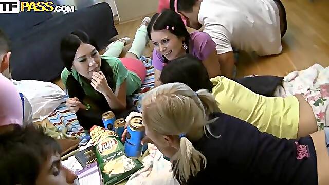 Three guys and three cute college girls decided to get ready for the test together but they cant stop flirting with each other. Adorable girls get a nice anal fuck and fingering.