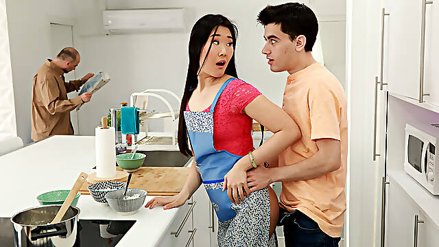 Long-haired bombshell Katana pleasures lucky dude in the kitchen