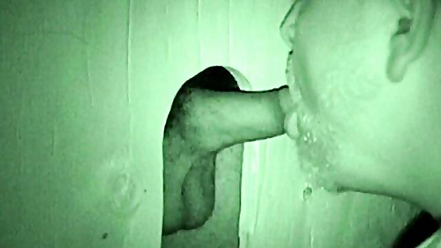 Bearded fat fucker swallows a big hairy glory hole cock