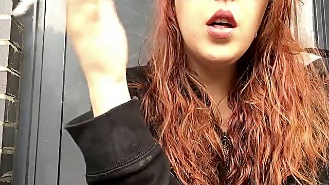 Sexy Redhead teen Smoking in Pink Bra and Black Hoodie