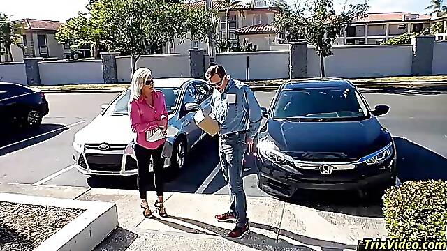 Aroused blonde mature, Ms Paris Rose likes to fuck a delivery guy every time he stops by