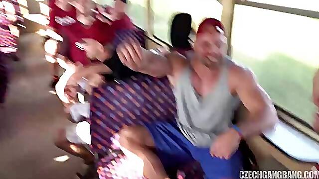 Czech blonde is getting banged in the bus by a group of very horny guys