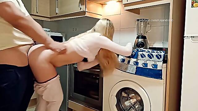 Yummy Blonde chick likes sucking dick and getting it from the back, even in the kitchen