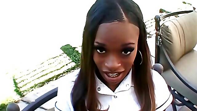Beautiful ebony babe in short skirt Divine Wine gets fucked hot by big white cock