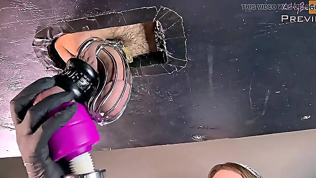 Hot nurse milks chastity slave's big load with a vibe wand