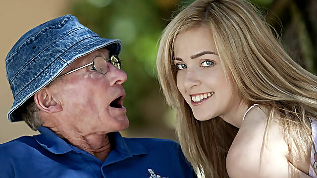 Beautiful teen swallows grandpa's load during outdoor doggy blowjob
