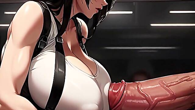 Tifa gives two strangers naughty hand jobs in the crowded train car.