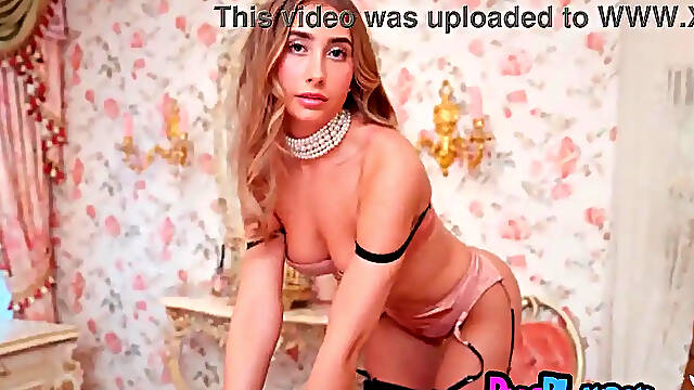 Lingerie-clad blonde teen Lily Phillips strips and shows off big booty