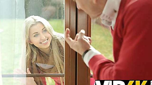 Old man teaches hot Russian blonde how to suck his dick