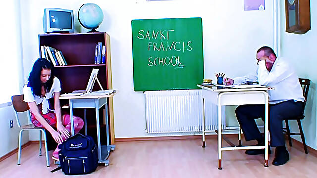 Mature teacher seduces 18-year-old virgin in the classroom