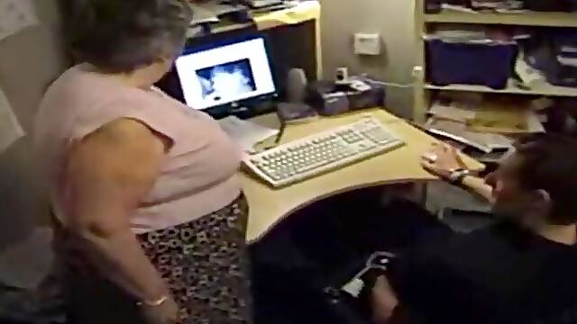 Old fat slut and young computer repairman