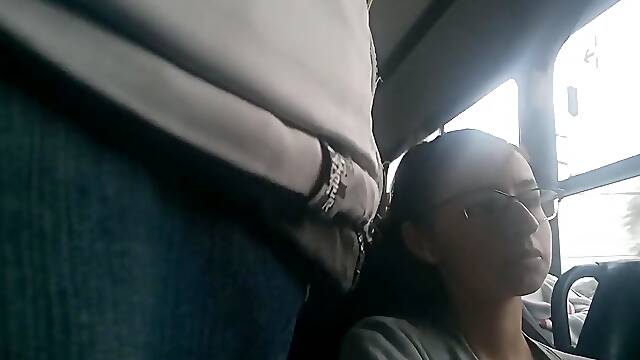 Nerd Girl Flashing Bulge in Bus