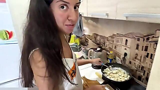 Fucked And Cum On My Wifes Pussy While She Was Cooking Me Dinner - Creampie