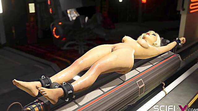 Green alien fucks hard a sexy cuffed girl in the sci-fi lab in a spacecraft