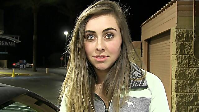 Cute long haired blonde teen Lacey flashes her tits in a car