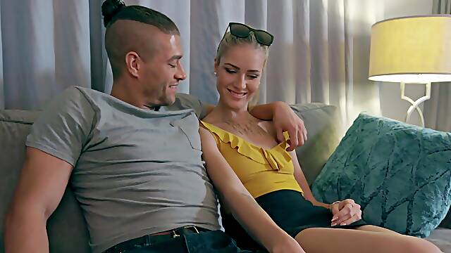 Skinny blonde teen babe Mazzy Grace rides a dick after a blowjob