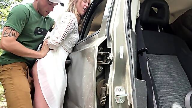 Blonde wife wanted to be tied up and fucked hard from behind on side of the road
