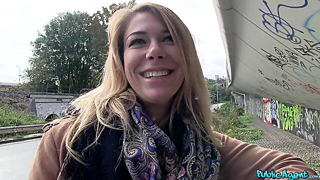 Blonde Opens Legs Outside and Gives Head For Cash - sloppy POV blowjob