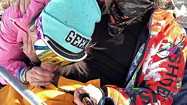 She deepthroat Dick in the Lift at the Ski Resort — Public Blowjob fledgling couple