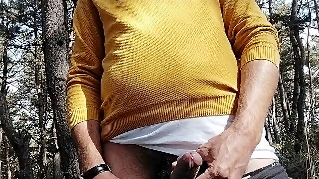 Cumming in the morning in the forest