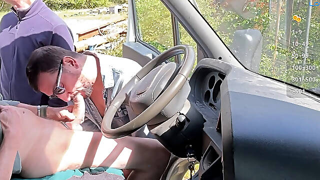 Truckstop Suckfest – 2 studs Go Down on My enormous Cock in Public