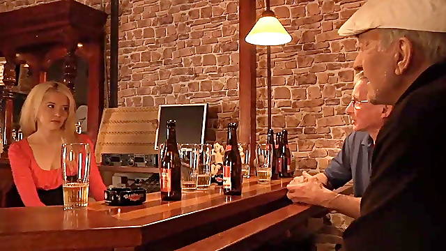 Two tourist oldmen fuck american blonde in a bar