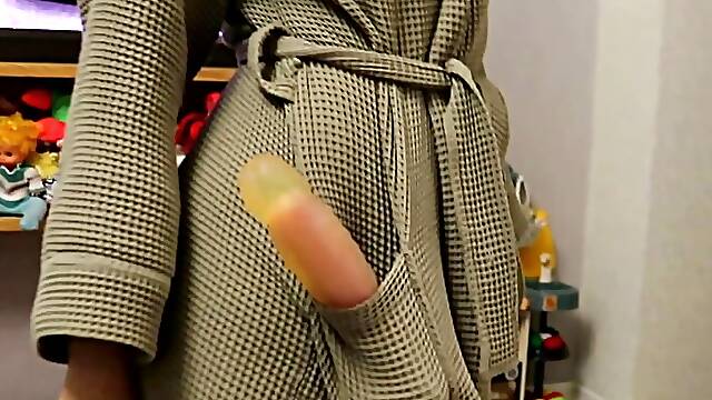 The husband caught his wife fucking herself with a rubber dick in the shower.