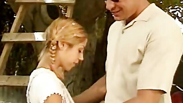 Nice outdoor fuck for lucky guy with a cute blonde with pig tails