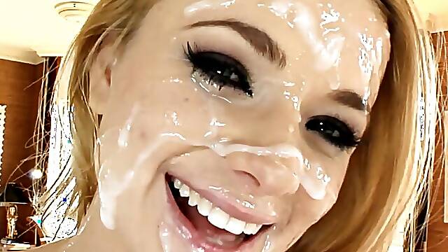 Blowgang bitch get huge cum facial