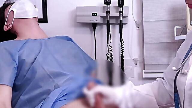Arab female doctor CFNM examination of the penis of a young patient