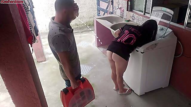 Married housewife pays washing machine technician with her ass while husband is away