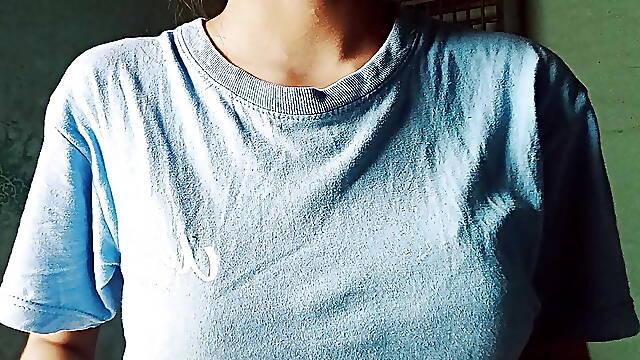 Lonely girl looking at her tits
