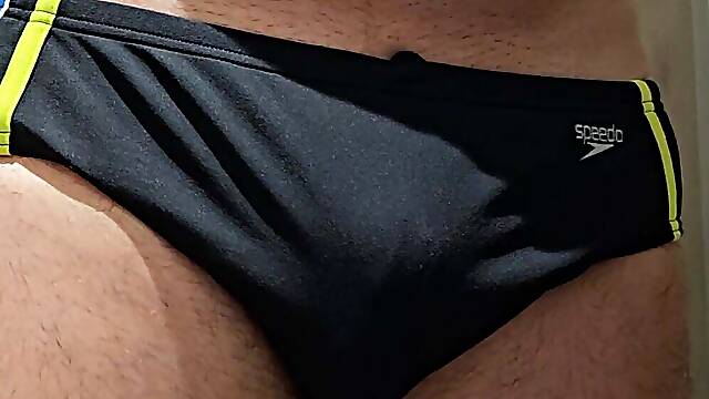 Wank and cum in a random guys black speedo