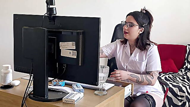 Hairy Tattooed doctor in stockings helps you to cum