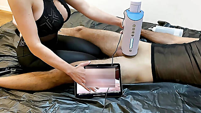 Girlfrieng with big boobs milking her boyfriend with a blow machine
