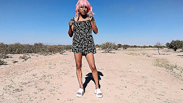 Femboy slut in mini dress strips naked in public and gets anal plug in the ass very hot