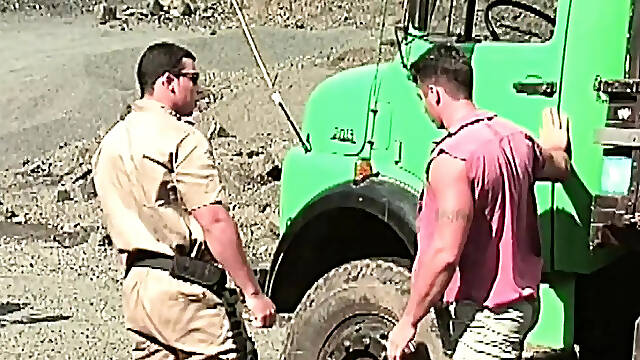 Muscular police gay gets his asshole fisted and fucked by the car driver
