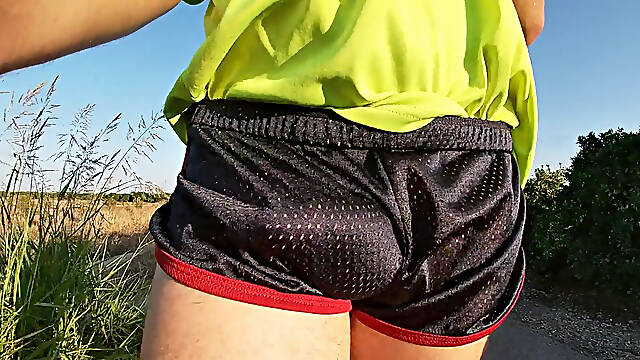 Tight Shiny Sport Shorts Bulging Routine (freeballing Outdoors)