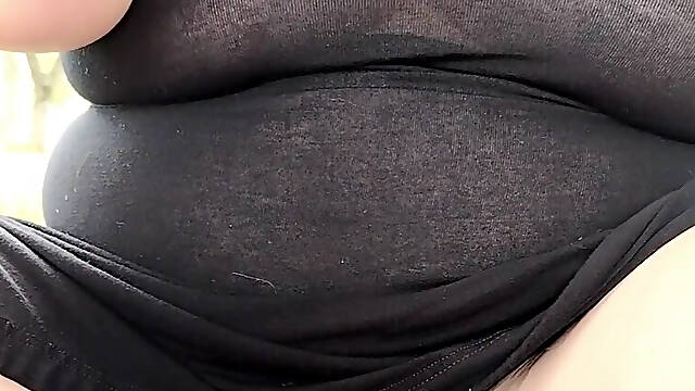 Stepmom in transparent dress without panties in public.