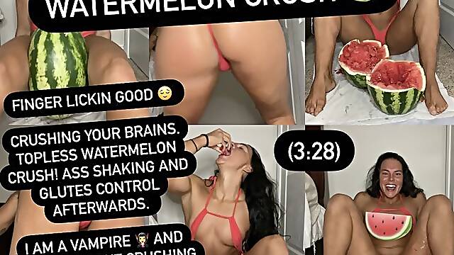 Watermelon Leg Crushing - Scissorhold Topless Femdom Fruit Crushing