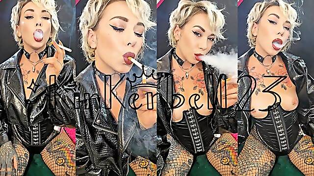 Chain-smoking two Newport cigarettes wearing shiny outfit and fishnets - Kinkerbell23