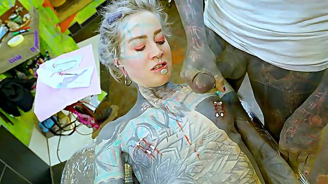 Tattooed model Anuskatzz receives nipple piercings during extreme rough anal plowing fetish session