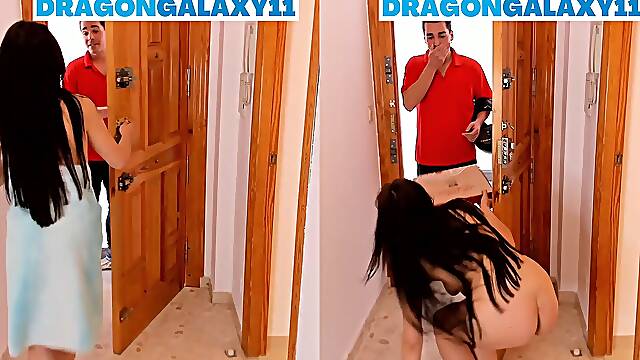 Young stepmom drops towel in front of delivery boy and then gets fucked hard