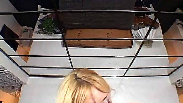 Blonde babe with n hige tits gives on hot handjob to big cock